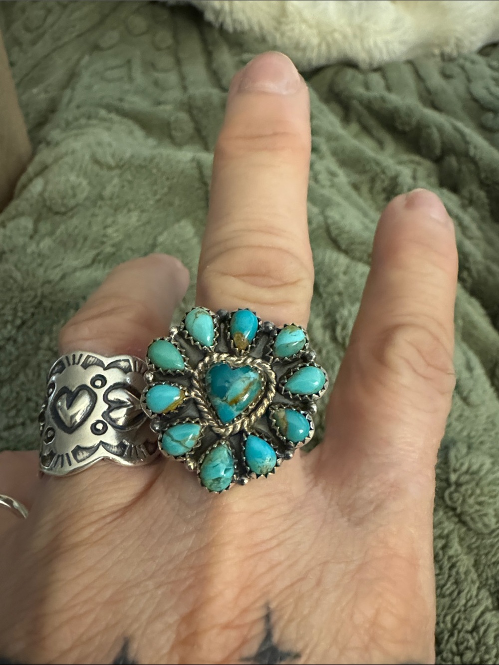 925 Sterling silver Turquoise Cluster Flower Statement Ring - Turquoise